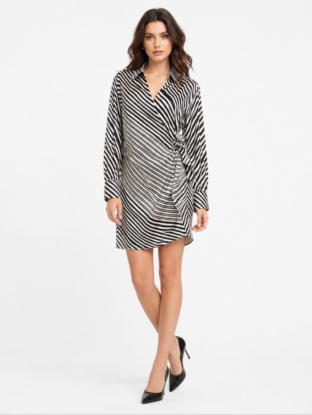 MNG Mango Women’s Wrap Dress Black White Striped Tie Waist Collared Size 8 NWT